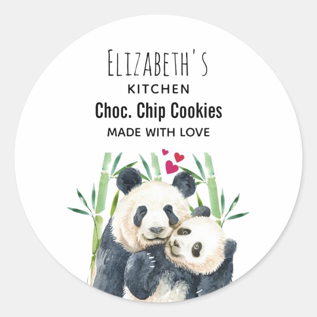 Cute Panda Bears Cuddling Watercolor Kitchen Classic Round Sticker (Front)