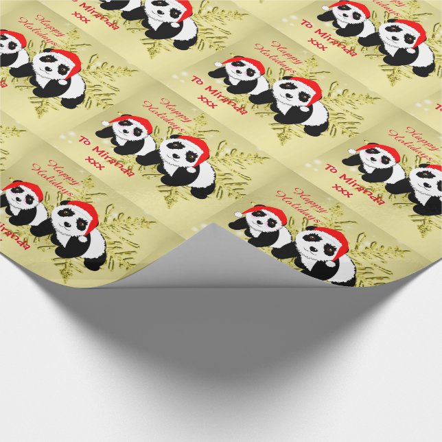 Cute Panda Bears Sparkly Gold Personalised Wrapping Paper (Corner)