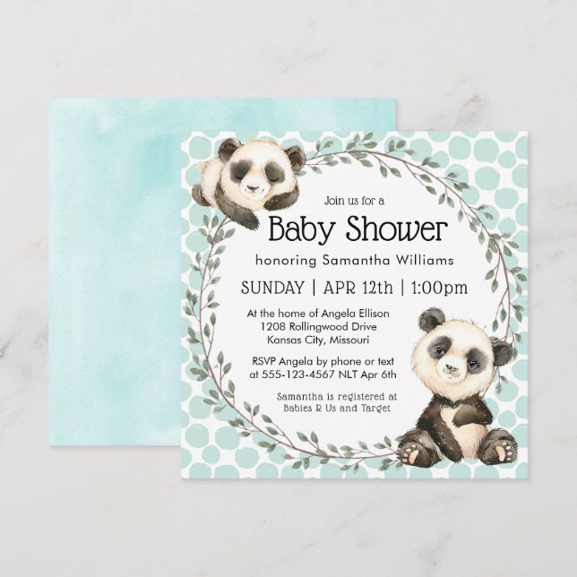 Cute Panda Bears Square Baby Shower Invitation (Front/Back)