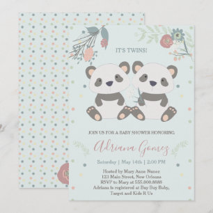 Cute Panda Bears Twins Baby Shower Invitation