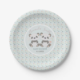 Cute Panda Bears Twins Baby Shower Paper Plate