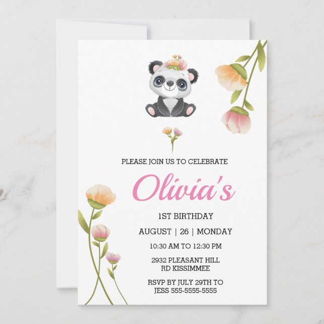 Cute Panda Birthday Invitation Pin Water Colour    (Front)