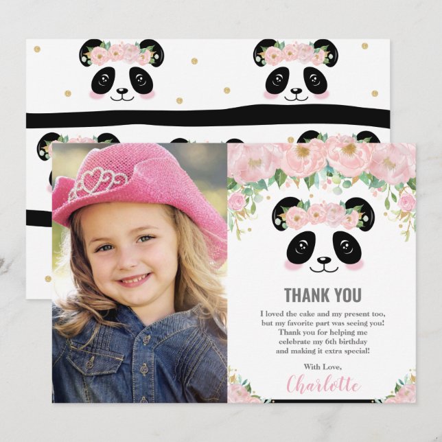 Cute Panda Birthday Party Photo Thank You Card (Front/Back)