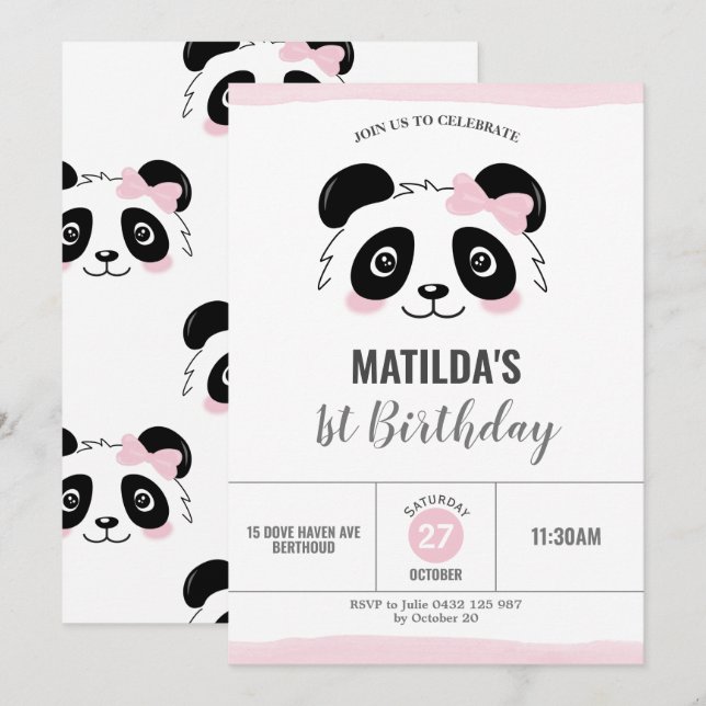 Cute Panda Birthday Party Pink Black and White Invitation (Front/Back)