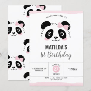Cute Panda Birthday Party Pink Black and White Invitation
