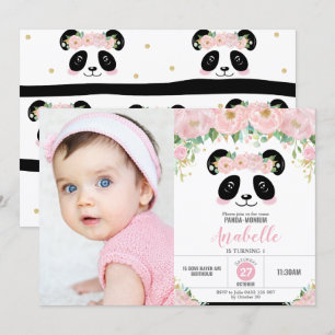 Cute Panda Birthday Party Pink Floral Photo Invitation