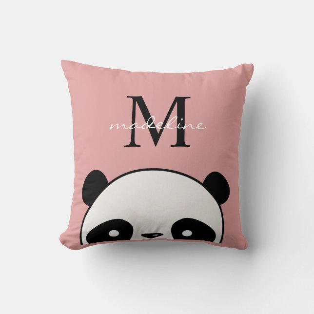Cute Panda Blush Pink Monogram Script Cushion (Front)