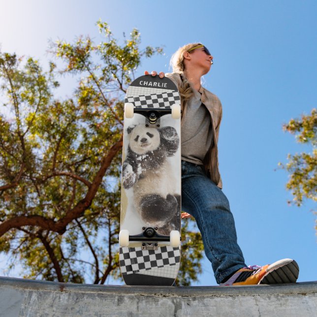 Cute Panda Chequered Modern Collage Custom Name Skateboard (Outdoor 1)