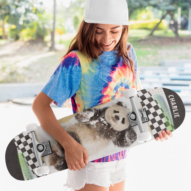 Cute Panda Chequered Modern Collage Custom Name Skateboard (Creator Uploaded)