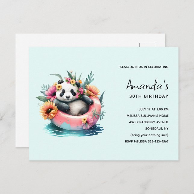 Cute Panda Chilling in an Inner Tube Birthday Invitation Postcard (Front/Back)