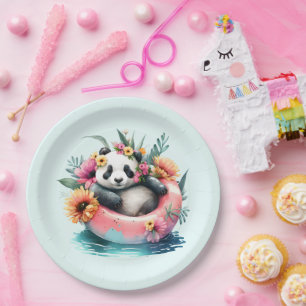 Cute Panda Chilling in an Inner Tube Paper Plate