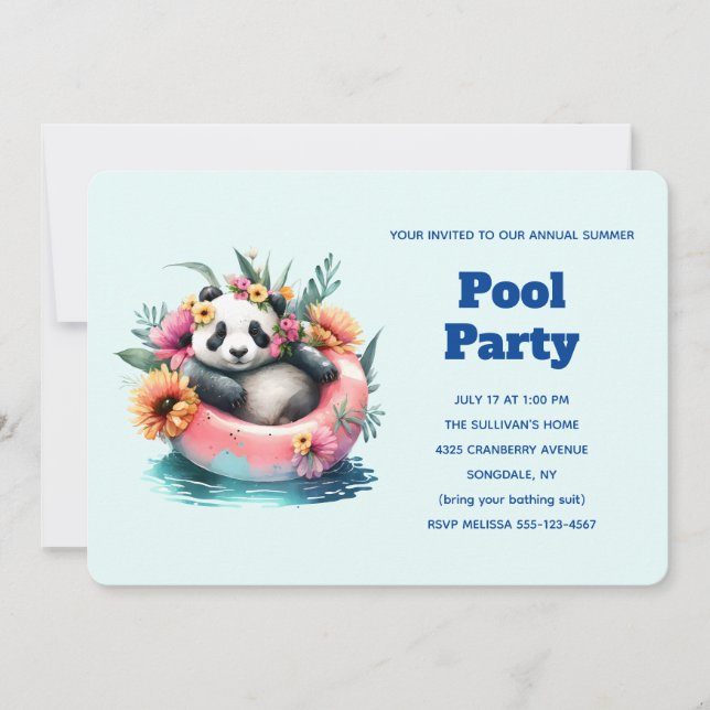 Cute Panda Chilling in an Inner Tube Pool Party Invitation (Front)