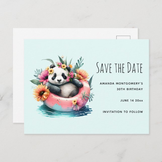 Cute Panda Chilling in an Inner Tube Save the Date Invitation Postcard (Front/Back)