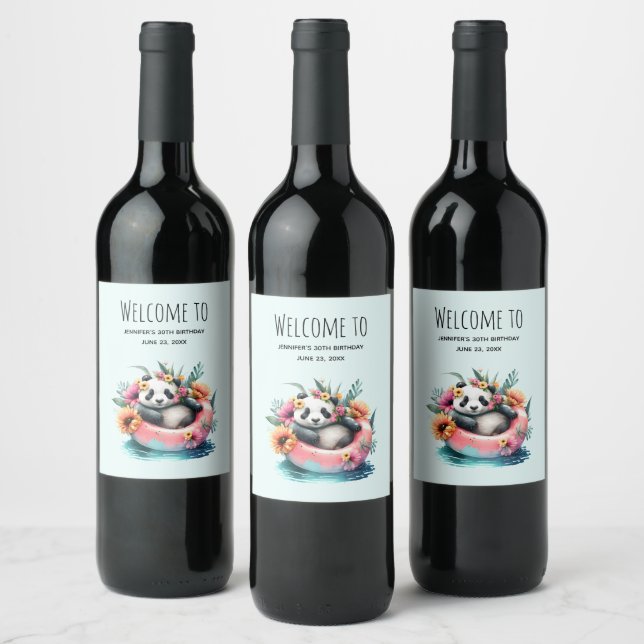 Cute Panda Chilling in an Inner Tube Welcome Wine Label (Bottles)