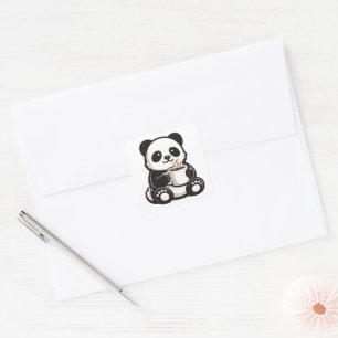 Cute Panda Coffee – Kawaii Panda Holding Coffee  Square Sticker