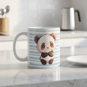 Cute Panda Coffee Mug, Light Blue Striped Cup
