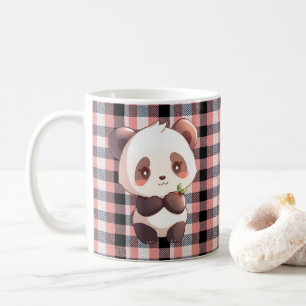 Cute Panda Coffee Mug, Pink Buffalo Plaid Cup