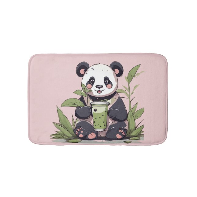 Cute Panda drinking bubble tea, boba tea Bath Mat (Front)