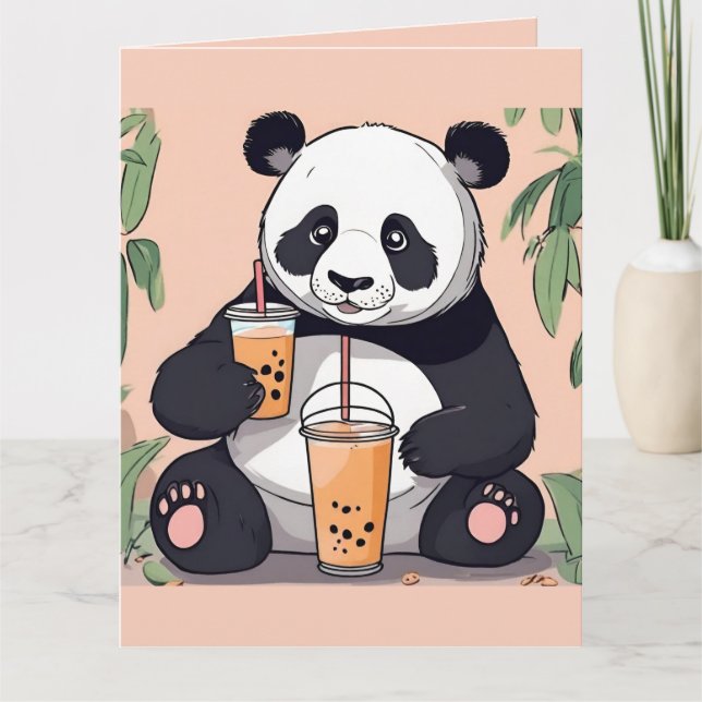 Cute Panda drinking bubble tea, boba tea Thank You Card (Front)