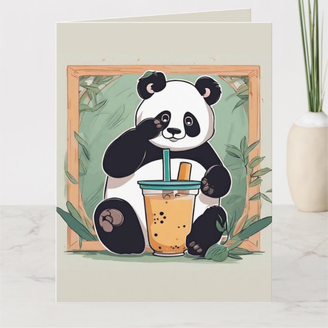 Cute Panda drinking bubble tea, boba tea Thank You Card (Front)