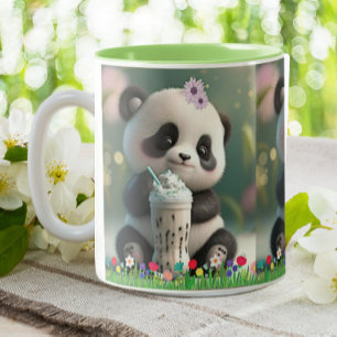 Cute Panda drinking milkshake Colourful Flowers Two-Tone Coffee Mug