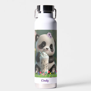 Cute Panda drinking milkshake Personalised Kids Water Bottle