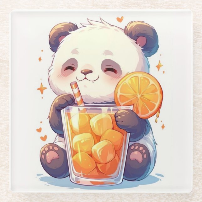 Cute Panda Drinking Orange Juice Coaster | Kawaii  (Front)