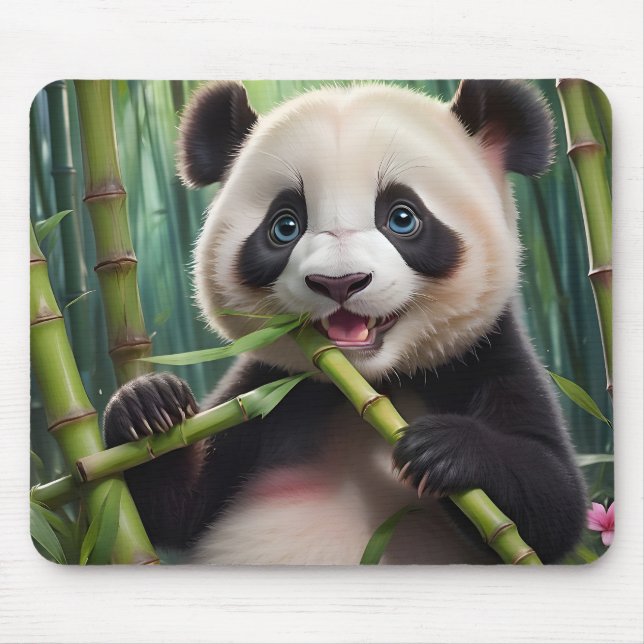 Cute Panda Eating Bamboo Mouse Mat (Front)
