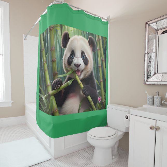 Cute Panda Eating Bamboo Shower Curtain (In Situ)