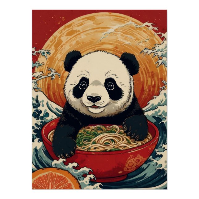 Cute Panda Eating Ramen in Japanese Ukiyo-e Style  Poster (Front)