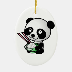 Cute Panda Eating Rice from Bowl with Chopsticks Ceramic Tree Decoration