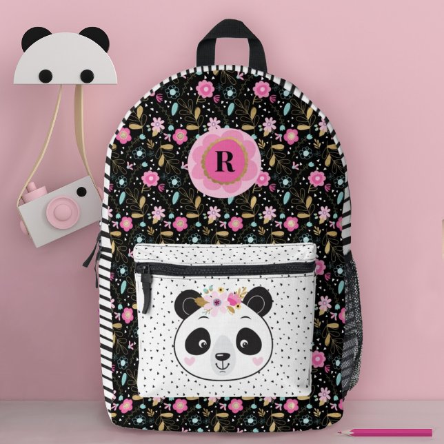 Cute Panda Face Girls Printed Backpack (A cute girls panda backpack. So fun for back to school. Add your own monogram.)