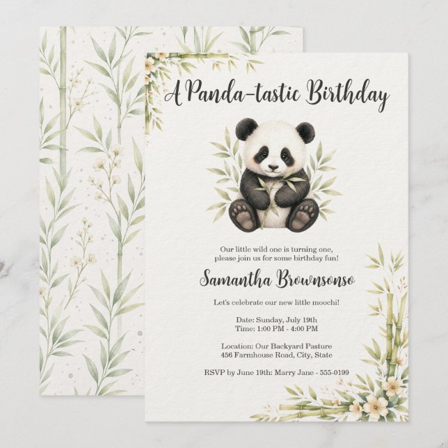 Cute Panda First Birthday Invitation (Front/Back)