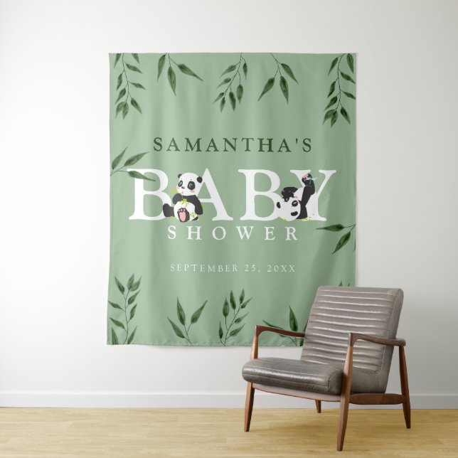 Cute Panda & Foliage Neutral Baby Shower Back Drop Tapestry (In Situ)