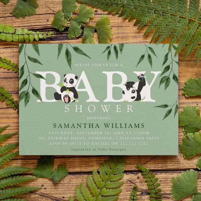 Cute Panda & Foliage Neutral Baby Shower Invitation (Creator Uploaded)