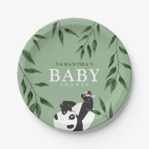 Cute Panda & Foliage Neutral Baby Shower Paper Plate