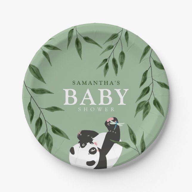 Cute Panda & Foliage Neutral Baby Shower Paper Plate (Front)