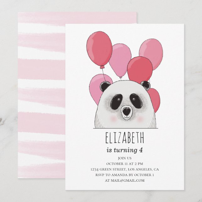 Cute panda. Funny animal. Pink kids birthday party Invitation (Front/Back)