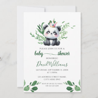 Cute Panda Gender Neutral Greenery Baby Shower Invitation