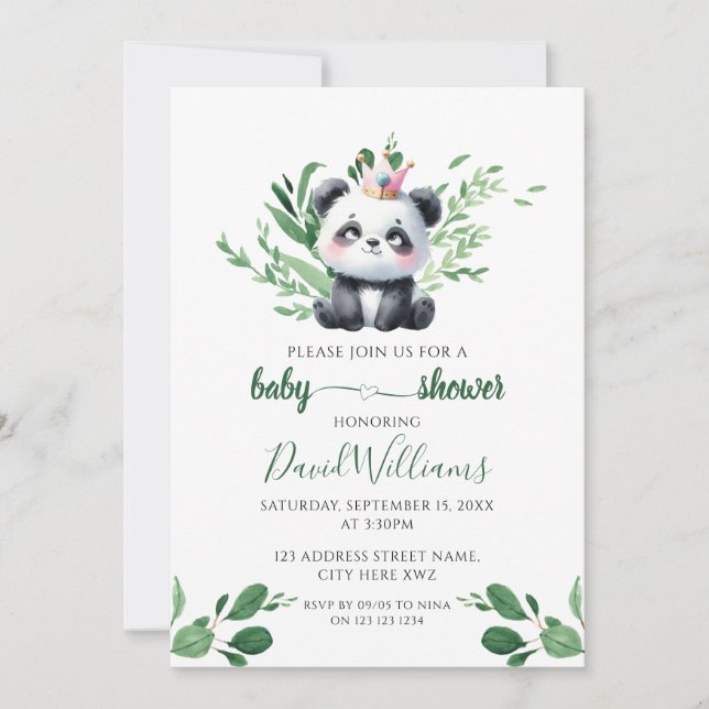 Cute Panda Gender Neutral Greenery Baby Shower Invitation (Front)