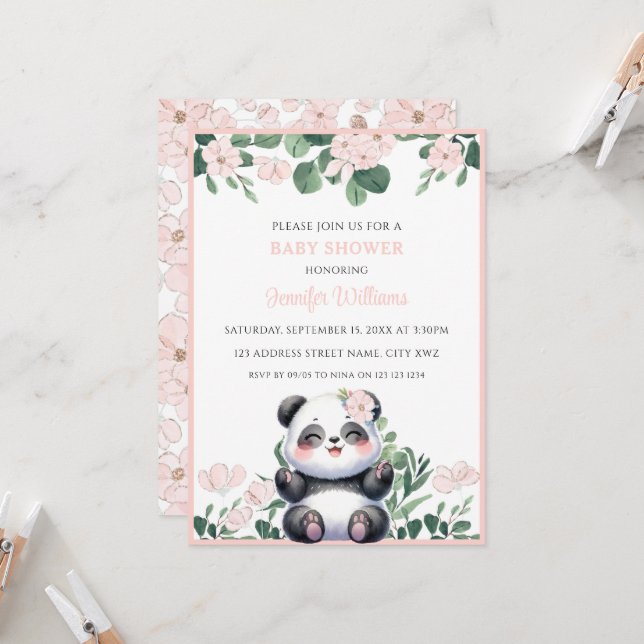 Cute Panda Girl Greenery Pink Flower Baby Shower Invitation (Front/Back In Situ)