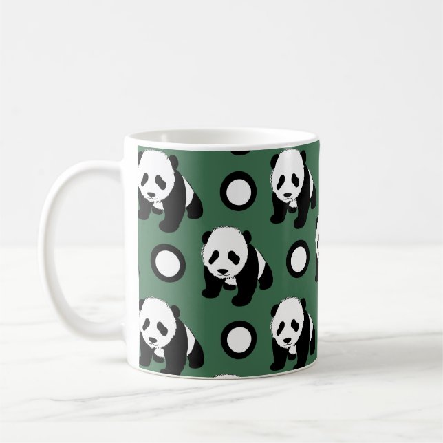 Cute Panda; Green, Black & White Polka Dots Coffee Mug (Left)
