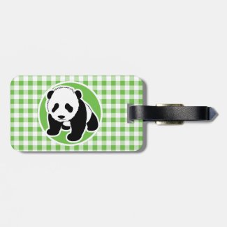 Cute Panda; Green Gingham Luggage Tag