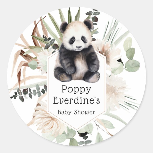 Cute Panda Greenery Baby Shower Gender Neutral Classic Round Sticker (Front)