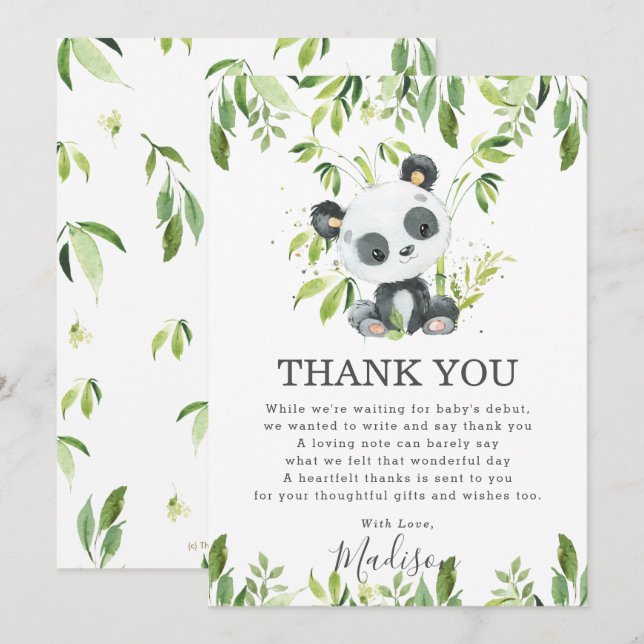 Cute Panda Greenery Baby Shower Gender Neutral  Thank You Card (Front/Back)