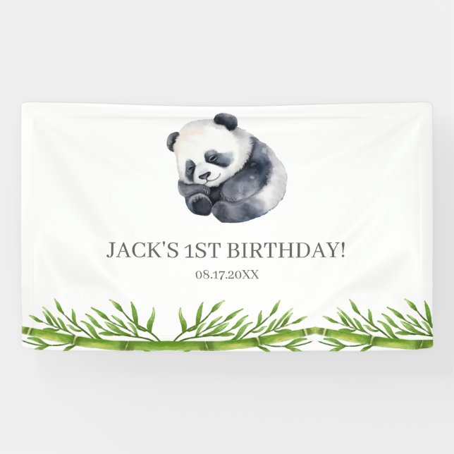 Cute Panda Greenery Bamboo Birthday Party Banner (Horizontal)