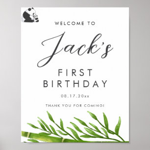 Cute Panda Greenery Bamboo Birthday Party Poster