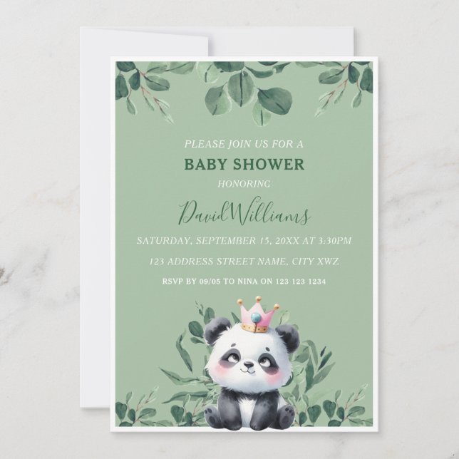 Cute Panda Greenery Foliage Green Baby Shower Invitation (Front)