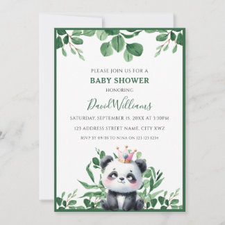 Cute Panda Greenery Foliage Neutral Baby Shower Invitation