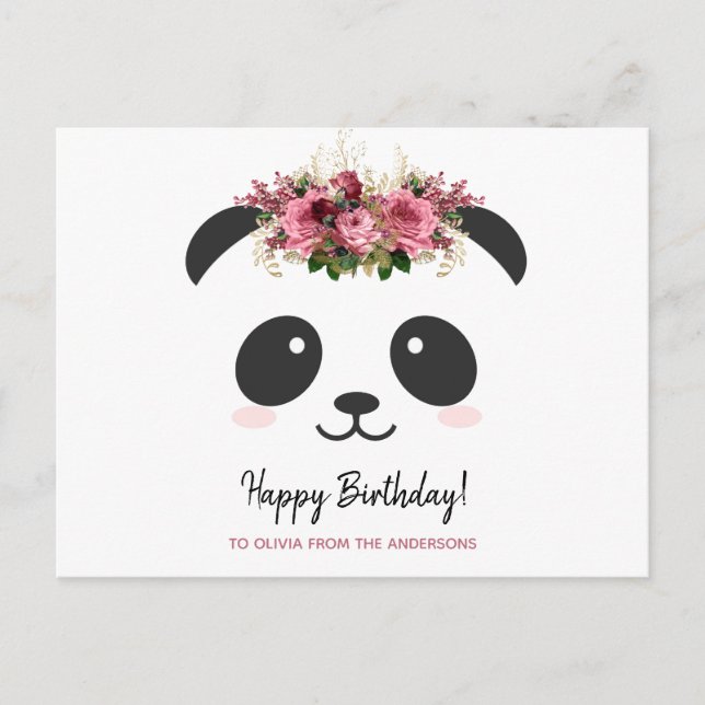 Cute panda Happy Birthday personalised pink floral Postcard (Front)